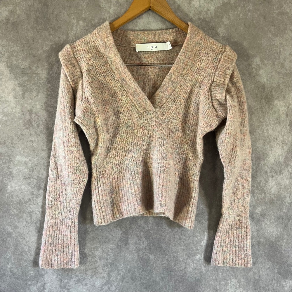 IRO Delorie Sweater Womens Large Multicolor Alpaca Wool V-Neck Ruffle Shoulder
